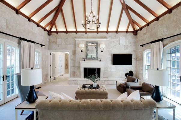 Chandelier, Fireplace, Interior, Living room, Stone Walls, Wooden Beams