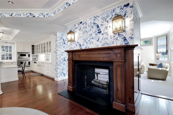 Fireplace, Interior, Kitchen, Recessed Lighting, Stainless Steel Appliances, Wood Texture Flooring