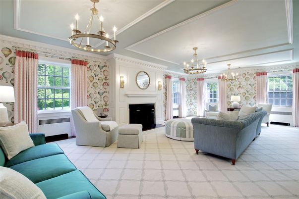 Chandelier, Fireplace, Interior, Living room