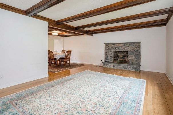 Dining room, Fireplace, Interior, Wooden Beams, Wood Texture Flooring