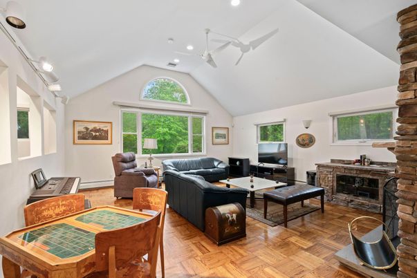 Fireplace, Interior, Living room, Recessed Lighting, Wood Texture Flooring