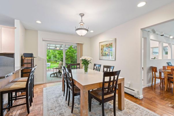 Dining room, Interior, Recessed Lighting, Wood Texture Flooring