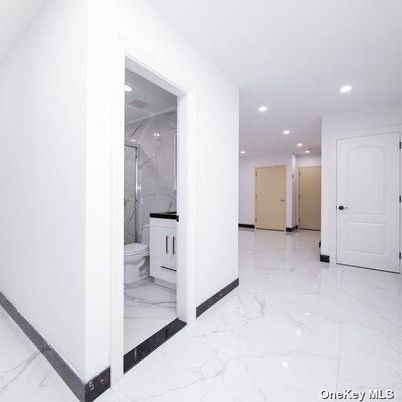 Bathroom, Glass Shower, Interior, Marble, Marble Walls, Recessed Lighting