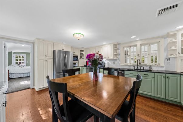 Dining room, Interior, Kitchen, Living room, Recessed Lighting, Stainless Steel Appliances, Wood Texture Flooring