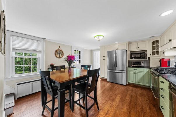 Dining room, Interior, Kitchen, Recessed Lighting, Stainless Steel Appliances, Wood Texture Flooring