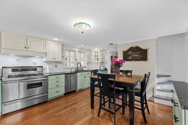 Dining room, Interior, Kitchen, Recessed Lighting, Stainless Steel Appliances, Wood Texture Flooring