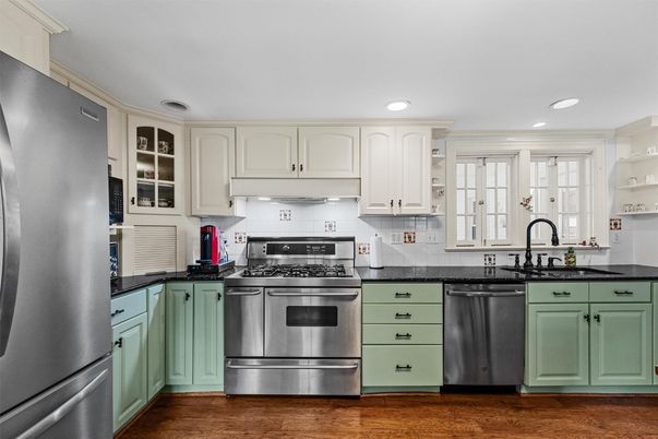 Interior, Kitchen, Recessed Lighting, Stainless Steel Appliances, Wood Texture Flooring