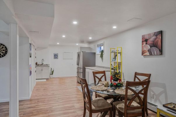 Dining room, Interior, Kitchen, Recessed Lighting, Wood Texture Flooring