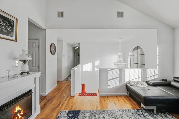 Fireplace, Interior, Pendant Lights, Wood Texture Flooring