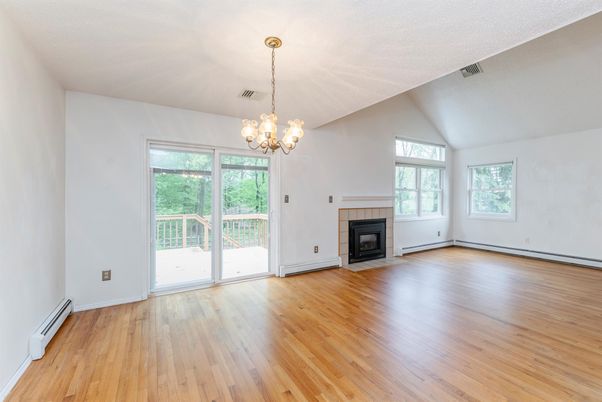 Chandelier, Empty room, Fireplace, Interior, Wood Texture Flooring