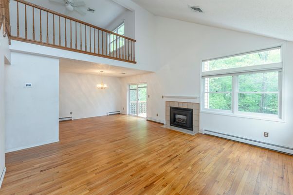 Empty room, Fireplace, Interior, Pendant Lights, Wood Texture Flooring