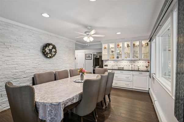 Dining room, Interior, Kitchen, Recessed Lighting, Stone Walls, Wood Texture Flooring