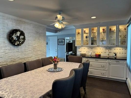 Dining room, Interior, Recessed Lighting, Stone Walls, Wood Texture Flooring