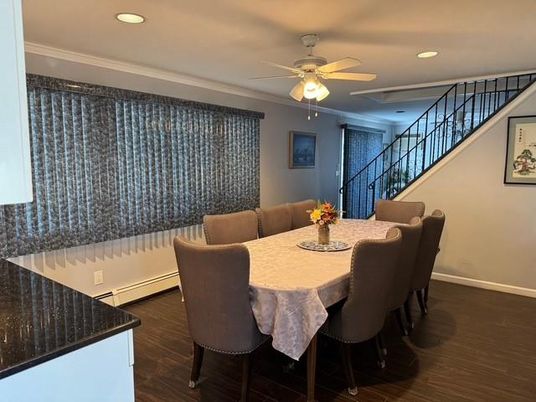 Dining room, Interior, Recessed Lighting, Wood Texture Flooring