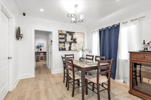 Dining room, Interior, Pendant Lights, Recessed Lighting, Wood Texture Flooring