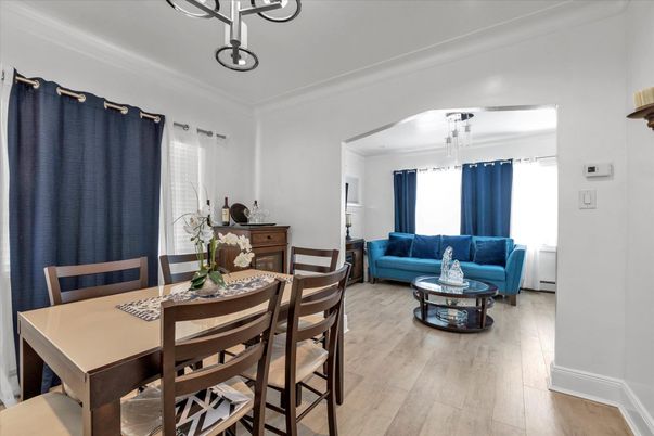 Dining room, Interior, Living room, Pendant Lights, Wood Texture Flooring