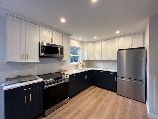Interior, Kitchen, Recessed Lighting, Stainless Steel Appliances, Wood Texture Flooring