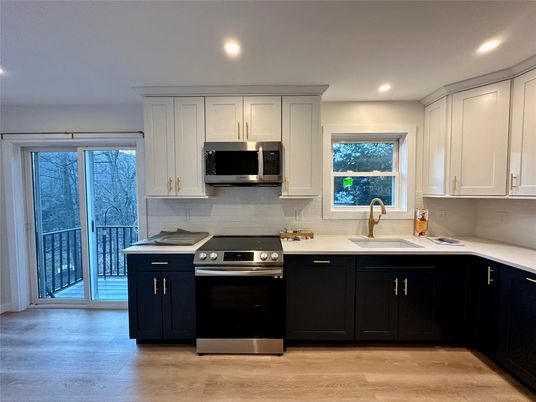Interior, Kitchen, Recessed Lighting, Stainless Steel Appliances, Wood Texture Flooring