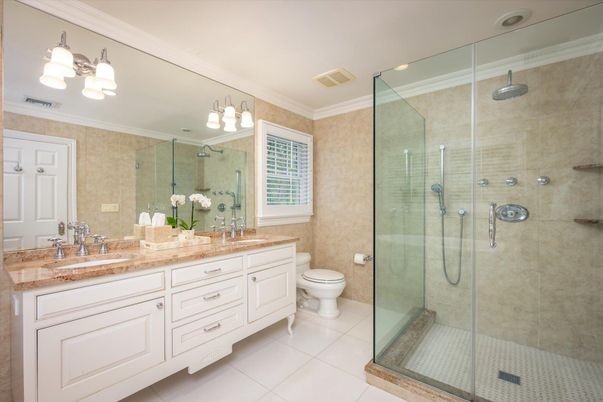 Bathroom, Dual Sink Vanities, Glass Shower, Interior, Recessed Lighting