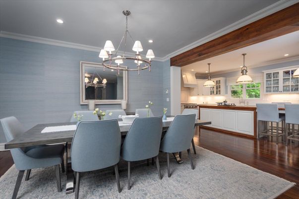 Chandelier, Dining room, Interior, Kitchen, Pendant Lights, Recessed Lighting, Wood Texture Flooring