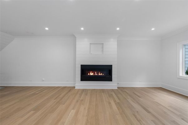 Empty room, Fireplace, Interior, Recessed Lighting, Wood Texture Flooring