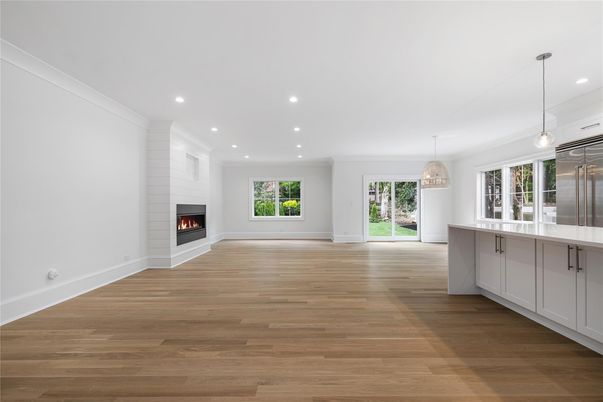 Empty room, Fireplace, Interior, Pendant Lights, Recessed Lighting, Wood Texture Flooring