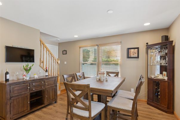 Dining room, Interior, Recessed Lighting, Wood Texture Flooring