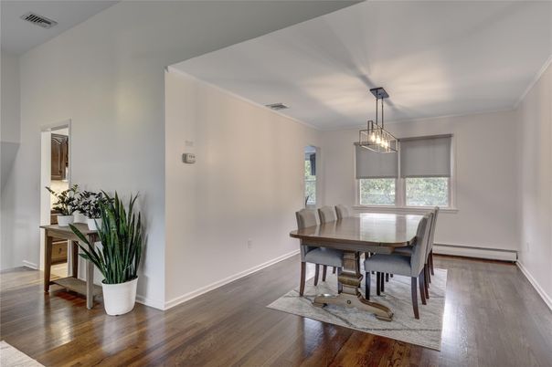 Dining room, Interior, Pendant Lights, Wood Texture Flooring