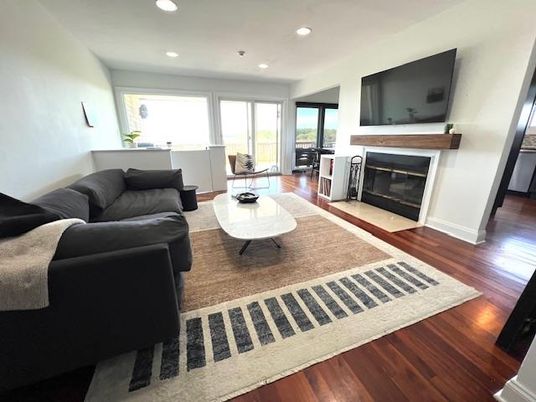 Fireplace, Interior, Living room, Recessed Lighting, Wood Texture Flooring