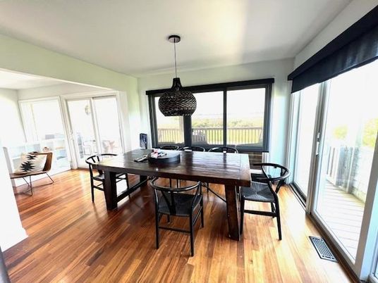 Dining room, Interior, Pendant Lights, Wood Texture Flooring
