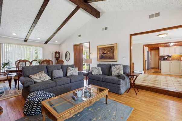 Dining room, Interior, Kitchen, Living room, Recessed Lighting, Wooden Beams, Wood Texture Flooring