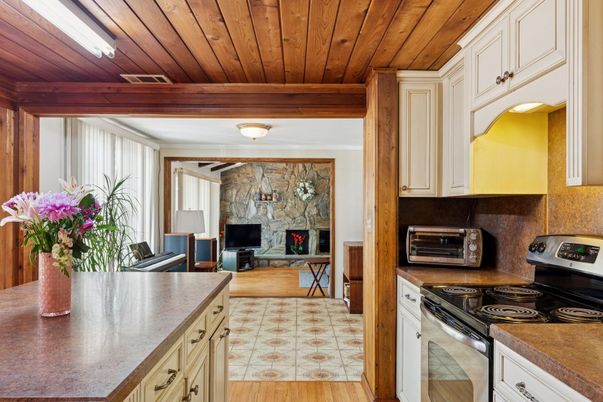Fireplace, Interior, Kitchen, Stone Walls, Wooden Ceilings, Wood Texture Flooring
