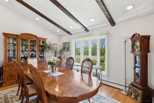 Dining room, Interior, Recessed Lighting, Wooden Beams, Wood Texture Flooring