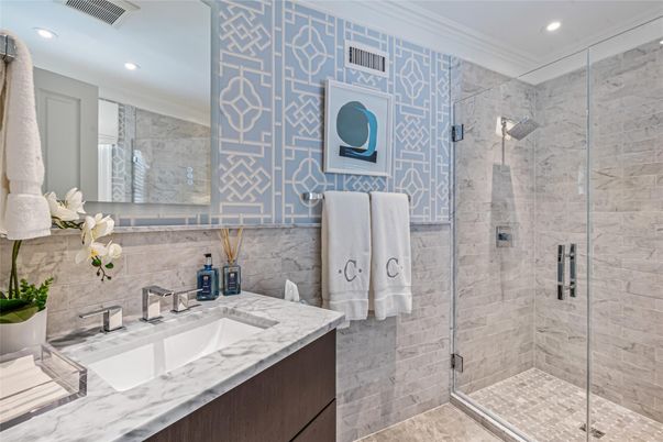 Bathroom, Glass Shower, Interior, Marble Walls, Recessed Lighting