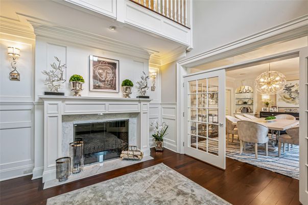 Chandelier, Dining room, Fireplace, Interior, Wood Texture Flooring