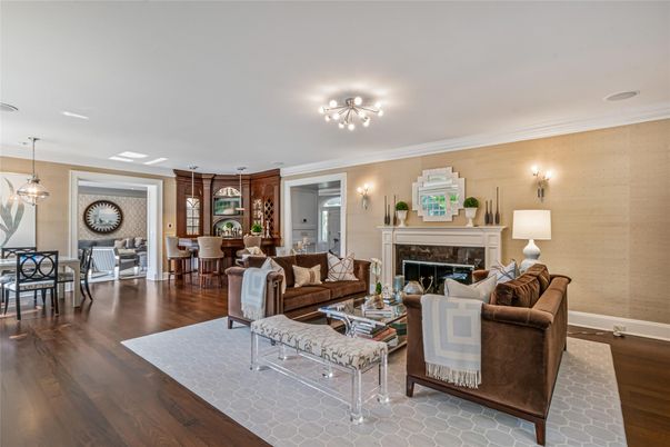 Dining room, Fireplace, Interior, Living room, Pendant Lights, Wood Texture Flooring