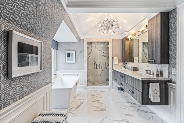 Bathroom, Dual Sink Vanities, Free Standing Baths, Glass Shower, Interior, Marble, Marble Walls