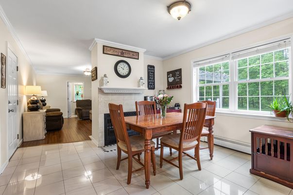 Dining room, Fireplace, Interior, Living room, Wood Texture Flooring