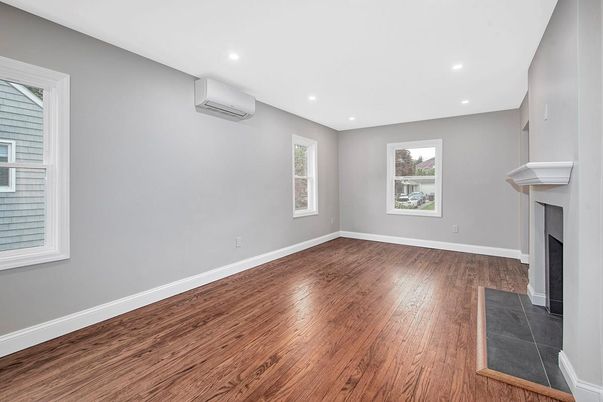 Empty room, Fireplace, Interior, Recessed Lighting, Wood Texture Flooring