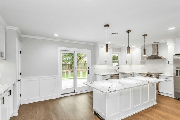 Interior, Kitchen, Pendant Lights, Recessed Lighting, Stainless Steel Appliances, Wood Texture Flooring