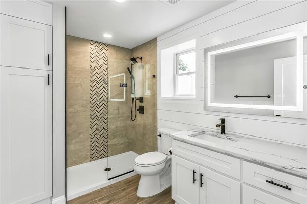 Bathroom, Glass Shower, Interior, Recessed Lighting, Wood Texture Flooring