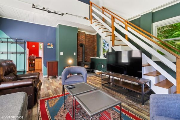 Fireplace, Interior, Living room, Stone Walls, Wood Texture Flooring