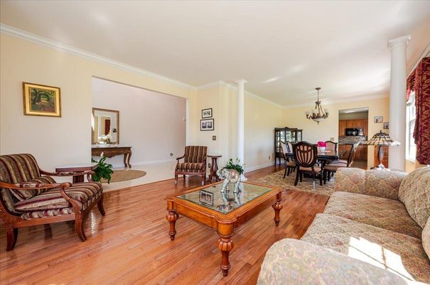 Chandelier, Dining room, Fireplace, Interior, Living room, Wood Texture Flooring