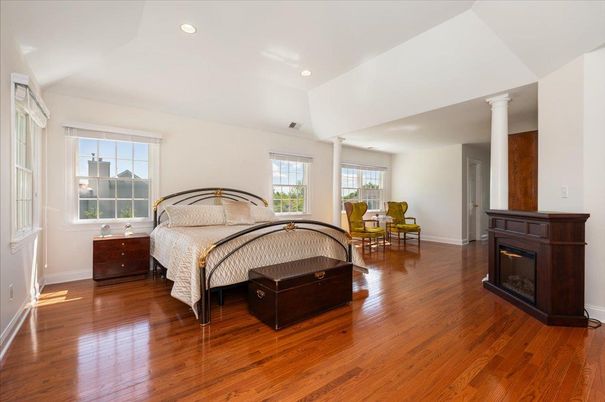 Bedroom, Fireplace, Interior, Recessed Lighting, Wood Texture Flooring