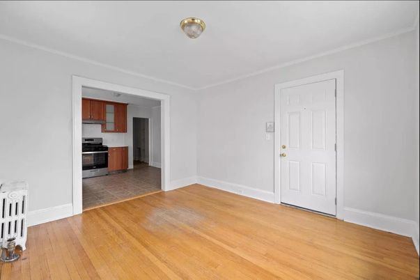Empty room, Interior, Kitchen, Stainless Steel Appliances, Wood Texture Flooring