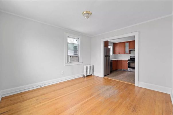Empty room, Interior, Kitchen, Stainless Steel Appliances, Wood Texture Flooring
