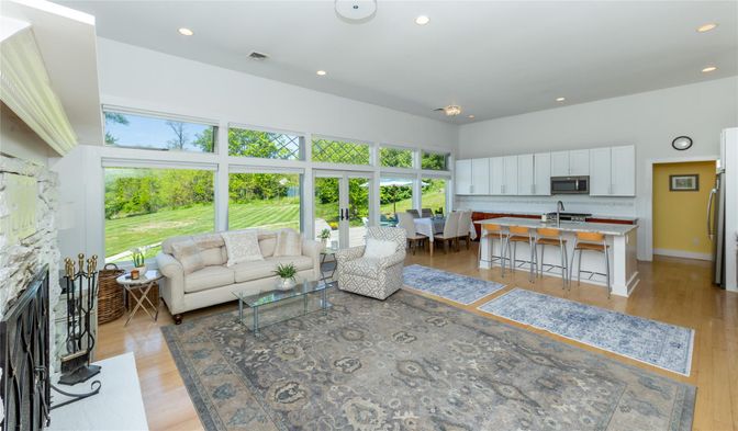 Dining room, Interior, Kitchen, Living room, Recessed Lighting, Stainless Steel Appliances, Wood Texture Flooring