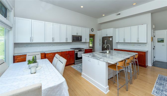 Interior, Kitchen, Recessed Lighting, Stainless Steel Appliances, Wood Texture Flooring