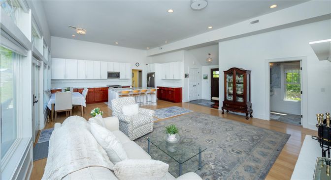Interior, Kitchen, Living room, Recessed Lighting, Stainless Steel Appliances, Wood Texture Flooring