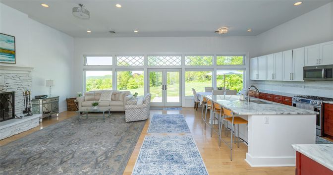 Dining room, Fireplace, Interior, Kitchen, Living room, Recessed Lighting, Wood Texture Flooring